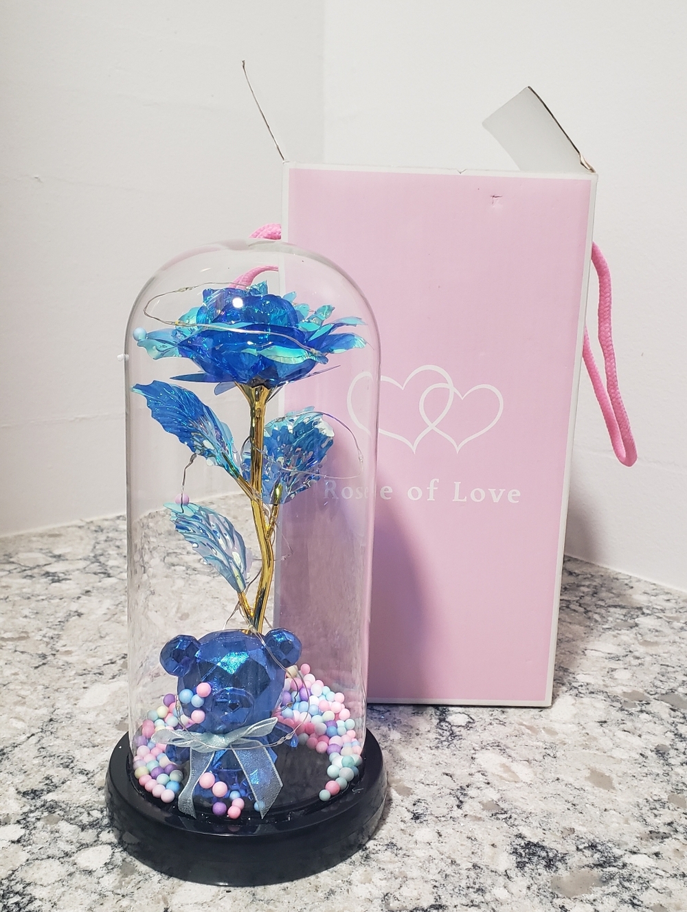 Blue Rose In Glass Dome W/ Teddy Bear & Lights NIB
